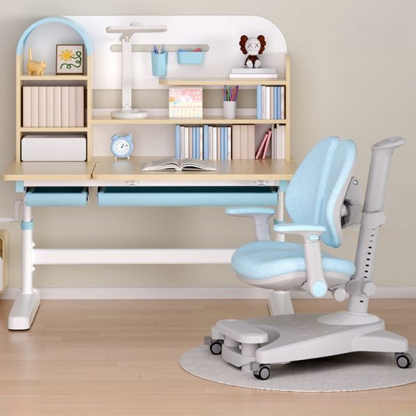 "Adjustable Height Water-resistant Kids Computer Desk in Wood Grain with Alloy Legs, Swivel Wheels, Shelf, and Drawer"