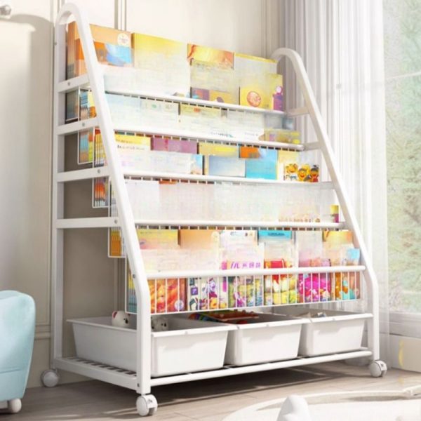 "White Standard Children's Bookshelf with Multiple Shelves, Vertical/Horizontal Orientation, Open Back, Alloy Material, Scratch-immune, and Locking Rollers"