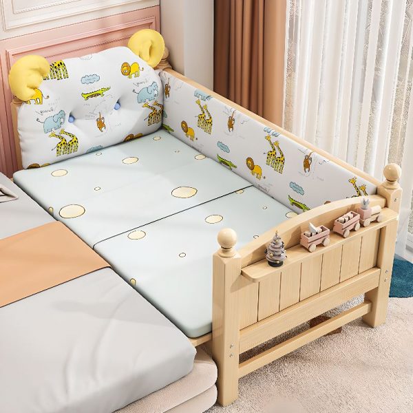 "Casual Lumber Platform Standard Kids Bed in Natural Tone with Gender Neutral Surrounding Guardrail"