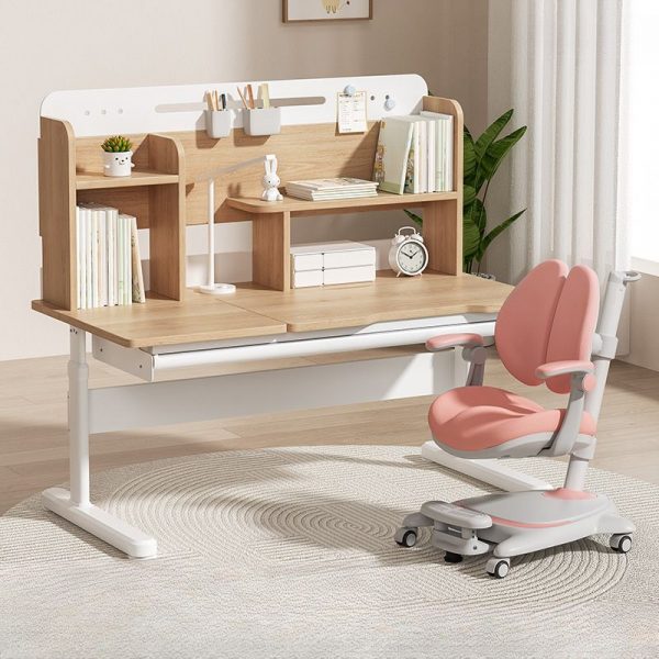 "Adaptable Height Natural Finish Timber Children Computer Desk with Locker, Shelf, Compartment, and Hutch"
