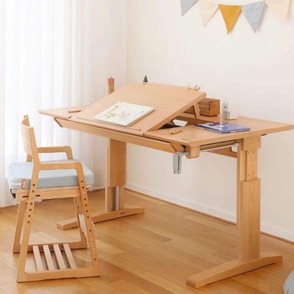 "Beech Wood Kids Computer Desk with Adaptable Height and Natural Color Table Top"