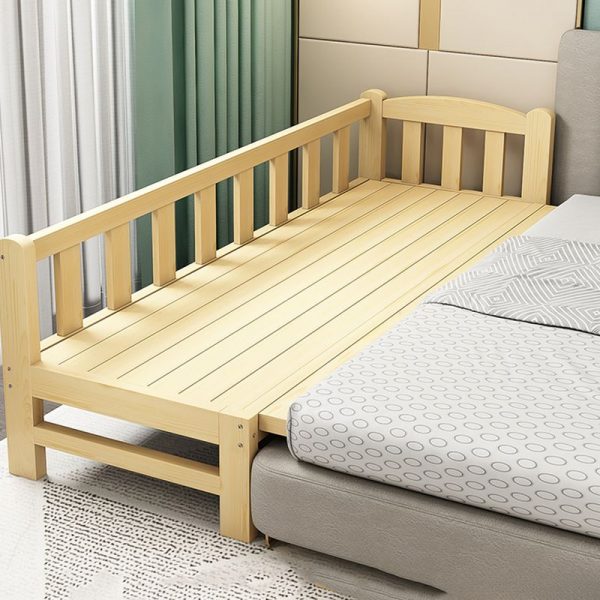 "Modern Simple Style Panel Standard Children Bed in Pine with Natural Finish, Open-Frame Headboard and Guardrail for Gender Neutral"